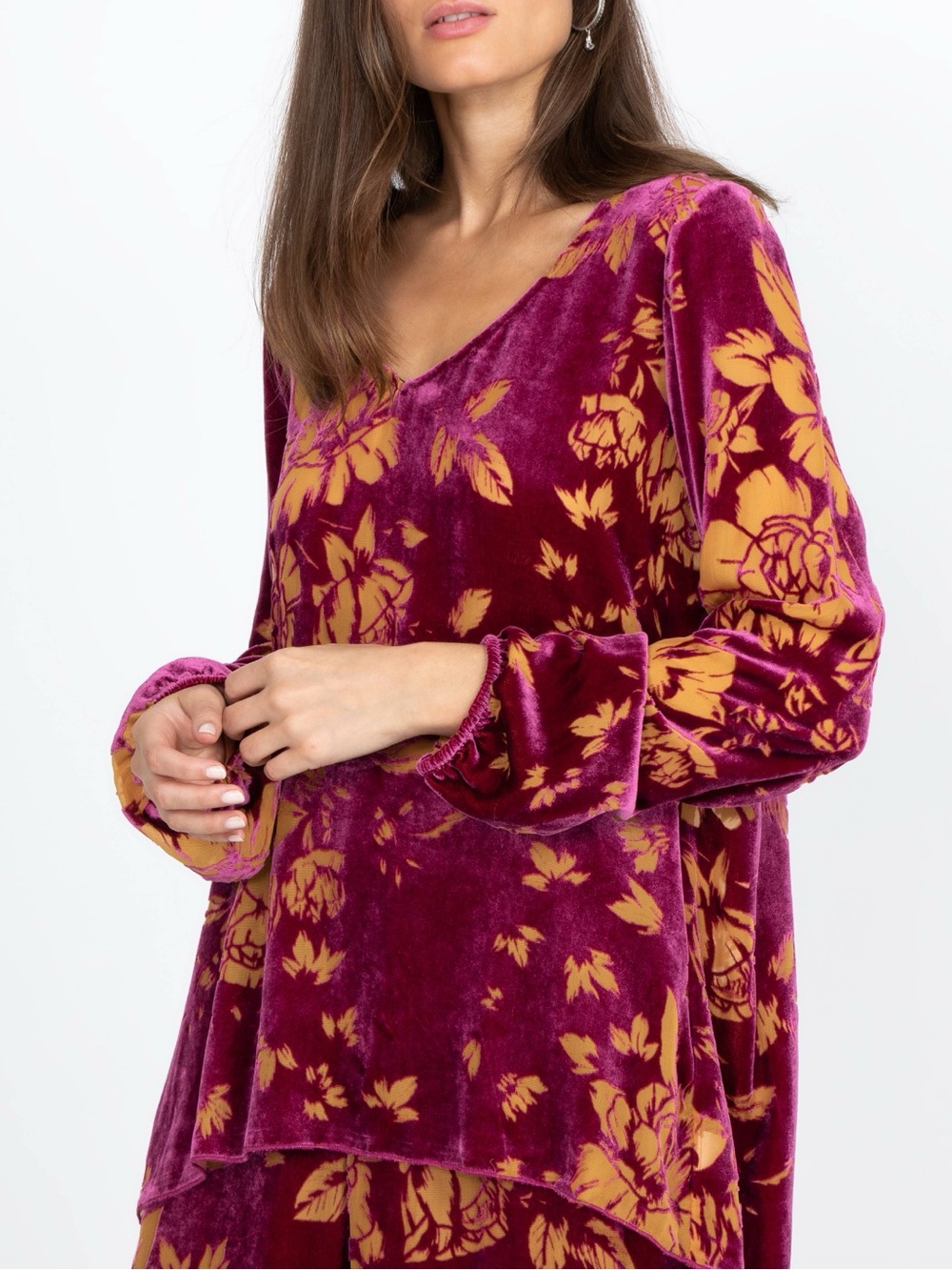 Johnny Was Vid Blouse Velvet Burnout Silk Blend XXS Burgundy Gold